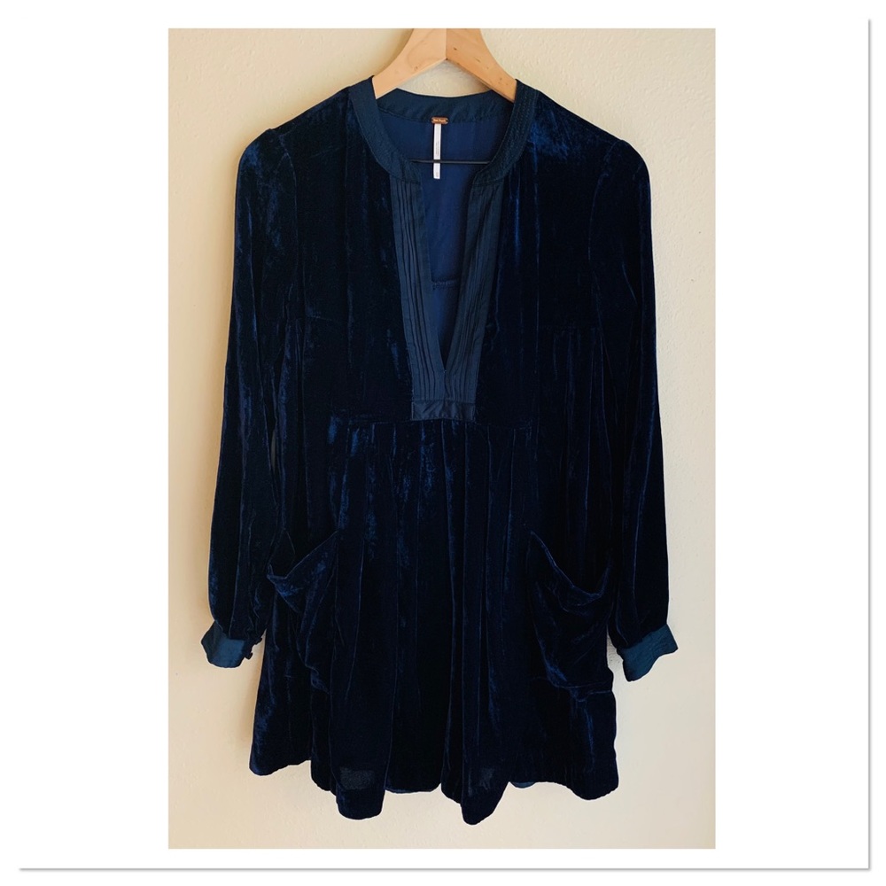 Free People Choose Me Velvet Mini Dress Tunic Blue Size Extra Small